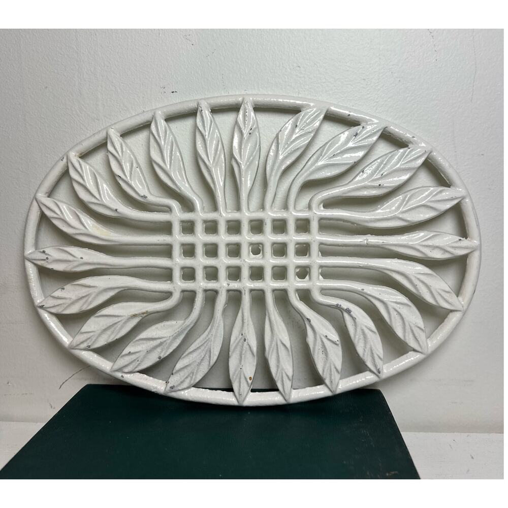 Vintage French Enameled Cast Iron Trivet Sun Stylized Flower Design Food Warmer